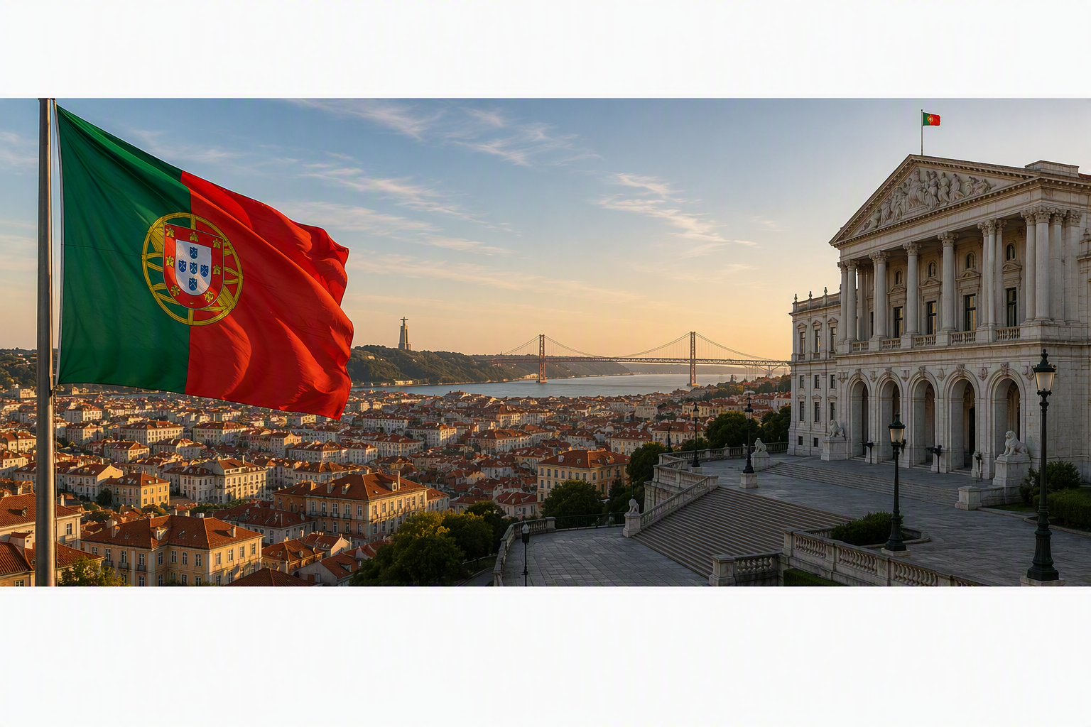 Bandeira portuguesa sobre Lisboa e instituições nacionais